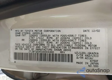 2003 Lexus Gx 470 из США, поврежденный, VIN JTJBT20X530004460